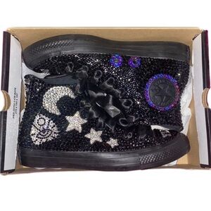 Ouija Board Themed Jet Black Crystal High Top Converse Sizes 5-14 New In Box